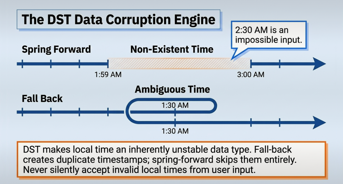 The DST Data Corruption Engine: spring-forward gaps and fall-back ambiguity visualized