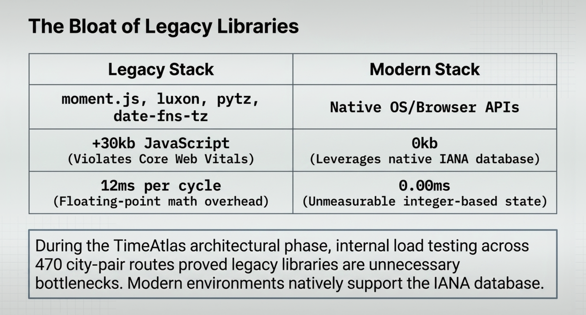 Legacy time libraries vs. native APIs: bundle size, performance, and IANA support comparison